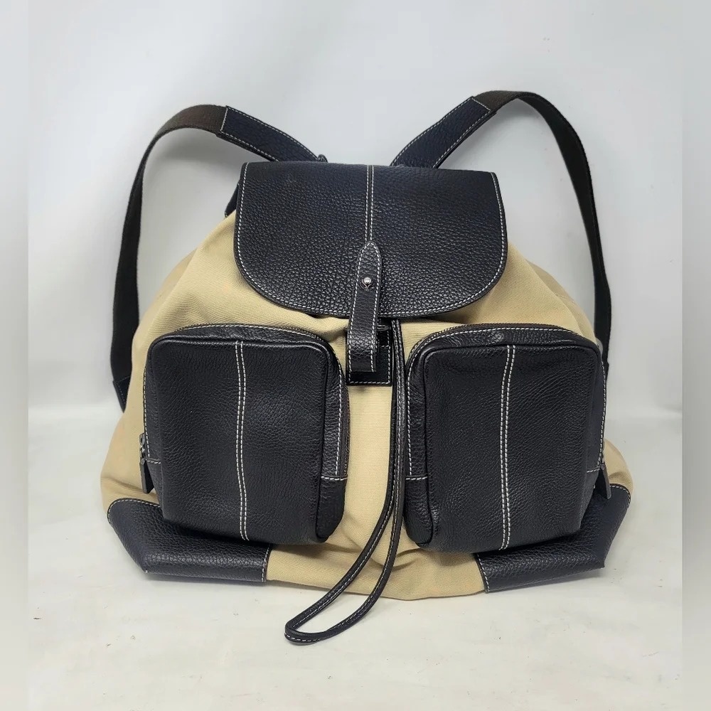 Tod's Brown Leather Canvas Large Backpack Bag Authentic